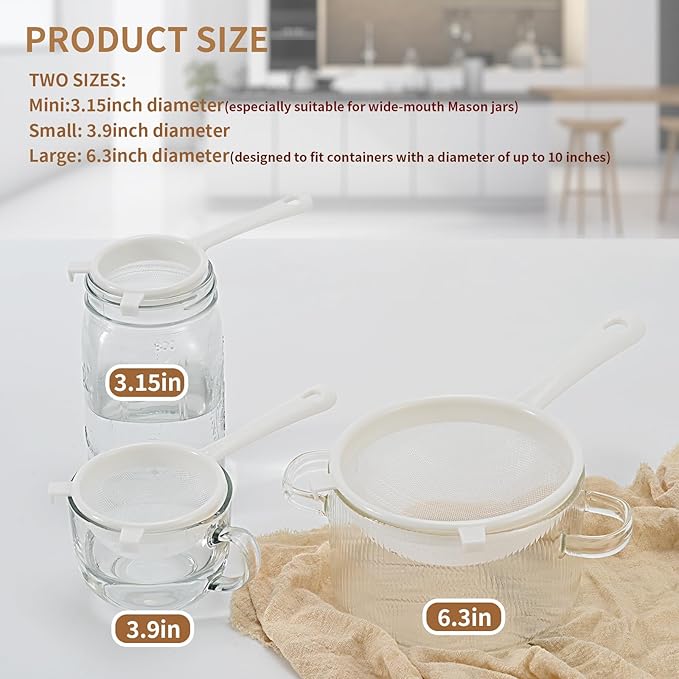 Kefir Strainer Set, 3-Size Plastic Non-Metal Sieve with Fine Mesh for Kefir Grains, Milk Kefir, Water Kefir & Kombucha & Quinoa - Durable, Food Grade & Easy Clean