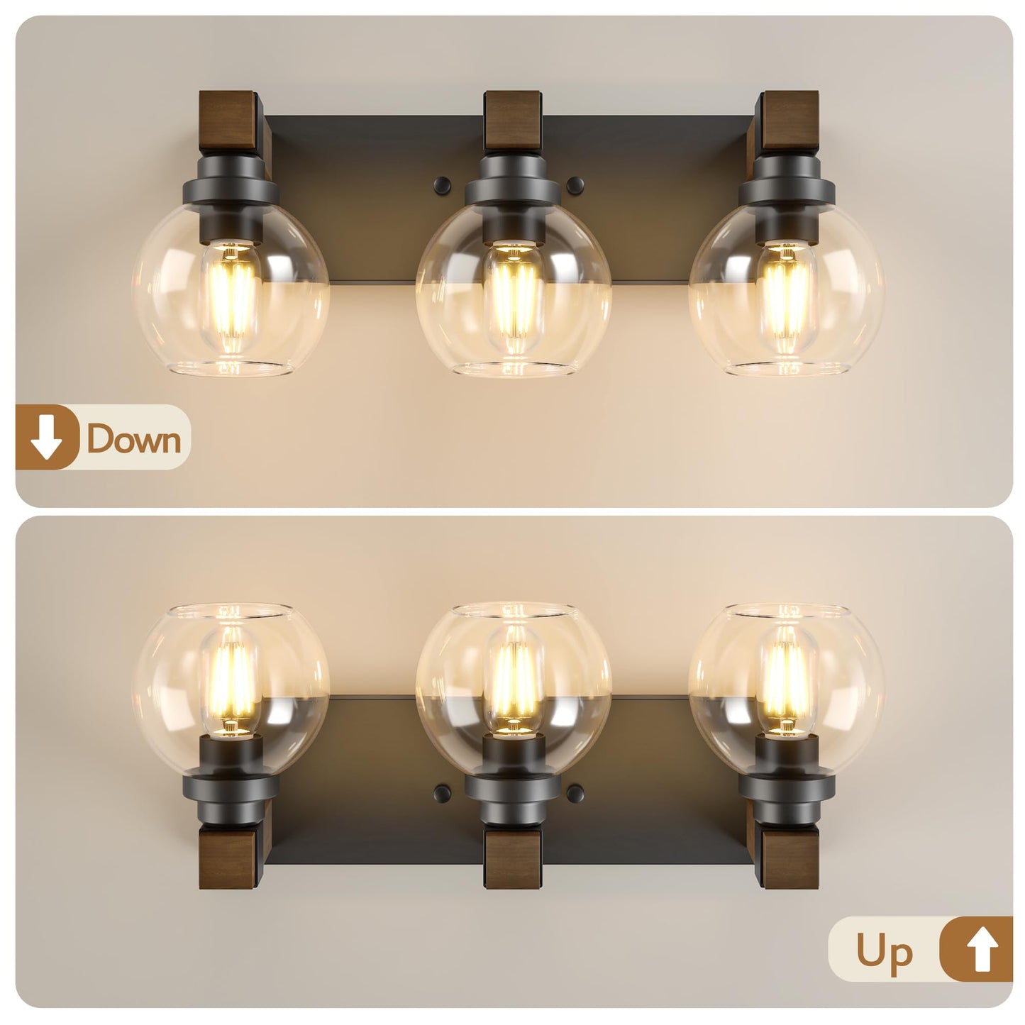Farmhouse Bathroom Vanity Light Fixtures  3-Light Wood Bathroom Light Fixtures Over Mirror  Rustic Sconces Wall Lighting With Glass Shade For Living Room  Bedroom  Hallway