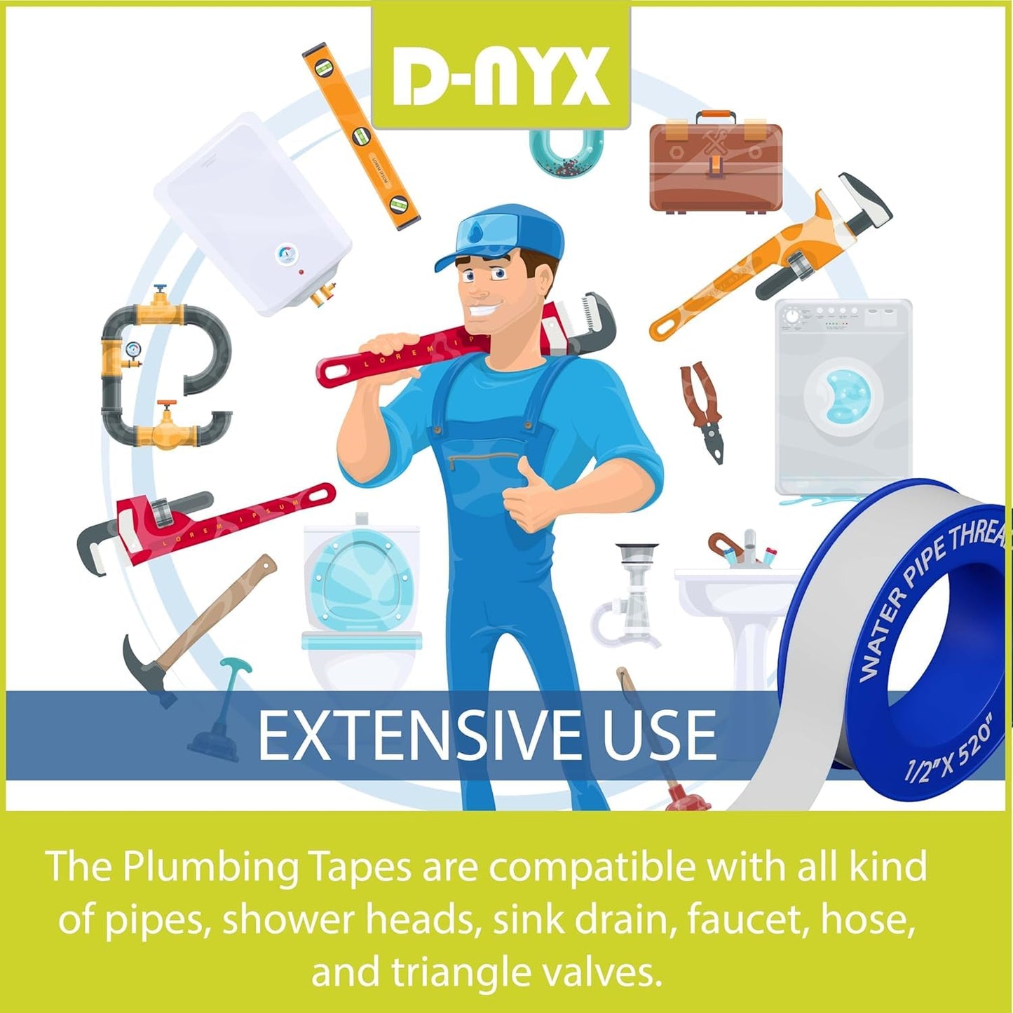 D-NYX Teflon Tape 4 Rolls 1/2 Inch(W) X 520 Inches(L) Teflon Duct Sealant Tape for Shower Head, Plumbing Thread Tapes, Water Pipe Sealing Plumbers PTFE Thread Seal, Pipe Dope Plumbers Accessories