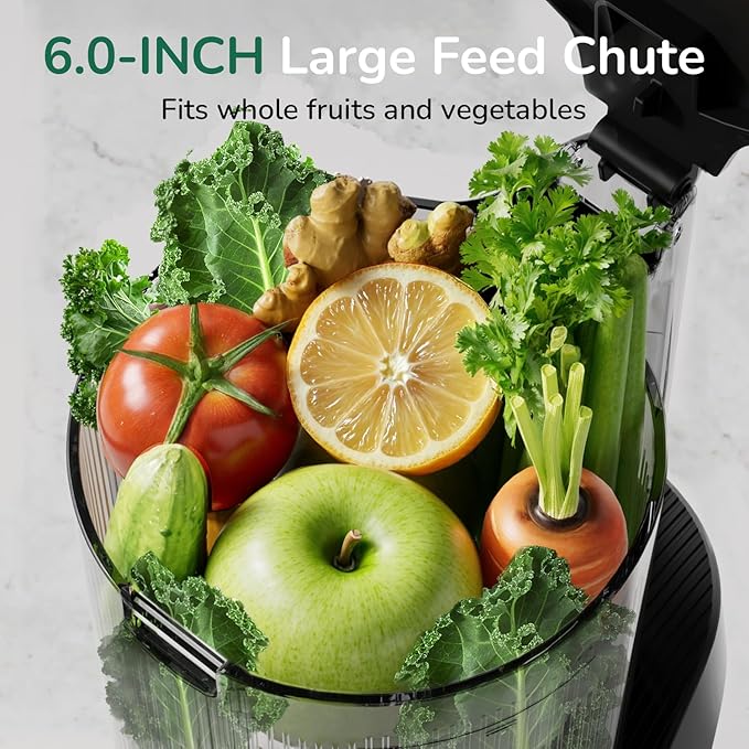 Canoly C16 Cold Press Juicer, with a 6" Wide Chute & Self-Precut, 3-in-1 Strainers (Juice & Sorbet & Nut Milk), BPA-Free Construction, Powered by a AC Brushless Motor (Space Gray)