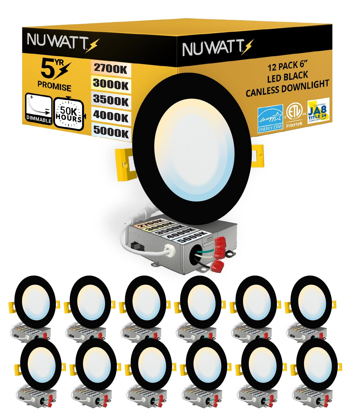Nuwatt 12 Pack  6 Inch Ultra-Thin Black Led Recessed Lighting  5Cct 2700K/3000K/3500K/4000K/5000K Selectable  1050Lm  15W  Water Resistant  Ic Rated  Dimmable Canless Slim Wafer Light With J-Box  Etl