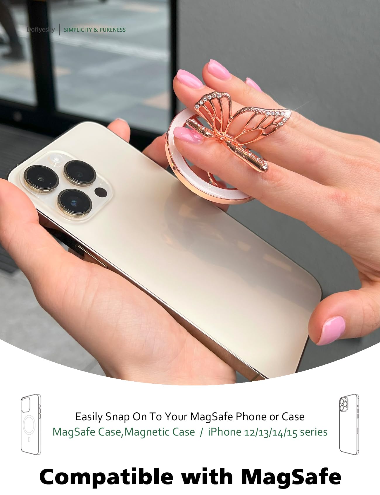 Doflyesky 2025 Upgrade Magnetic Phone Grip For Magsafe, Butterfly Phone Grip Holder Finger Kickstand, Adapter Ring For Magsafe I