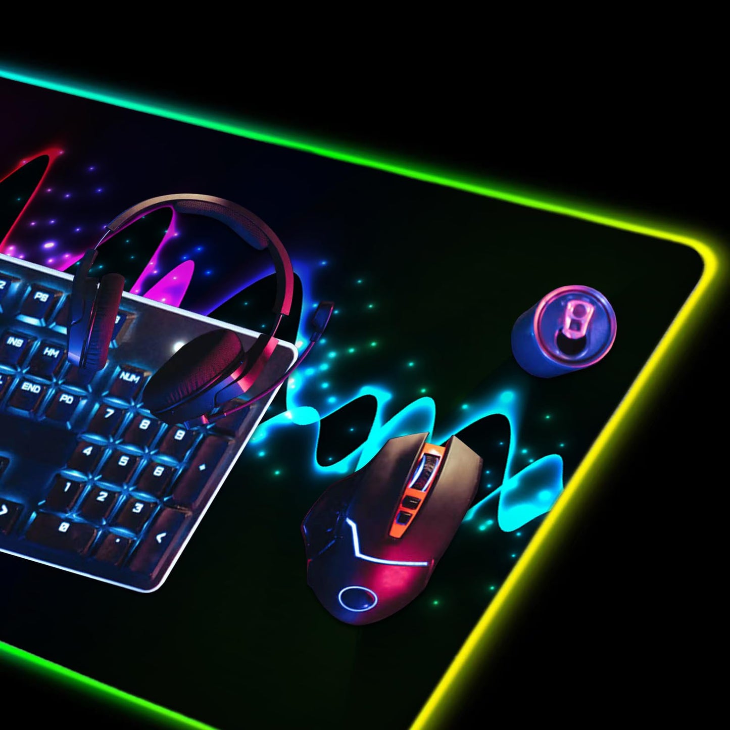 RGB Gaming Mouse Pad, DINKY Large Extended Soft Led Mouse Pad with 14 Lighting Modes, Water Resist Keyboard Pad, Computer Keyboard Mousepads Mat 35.4×15.8 inches-Black