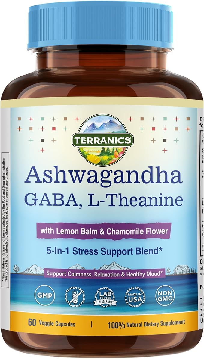Terranics Ashwagandha L-Theanine Supplement for Stress Relief, Combined with GABA, Lemon Balm, Chamomile Flower Extract, N...