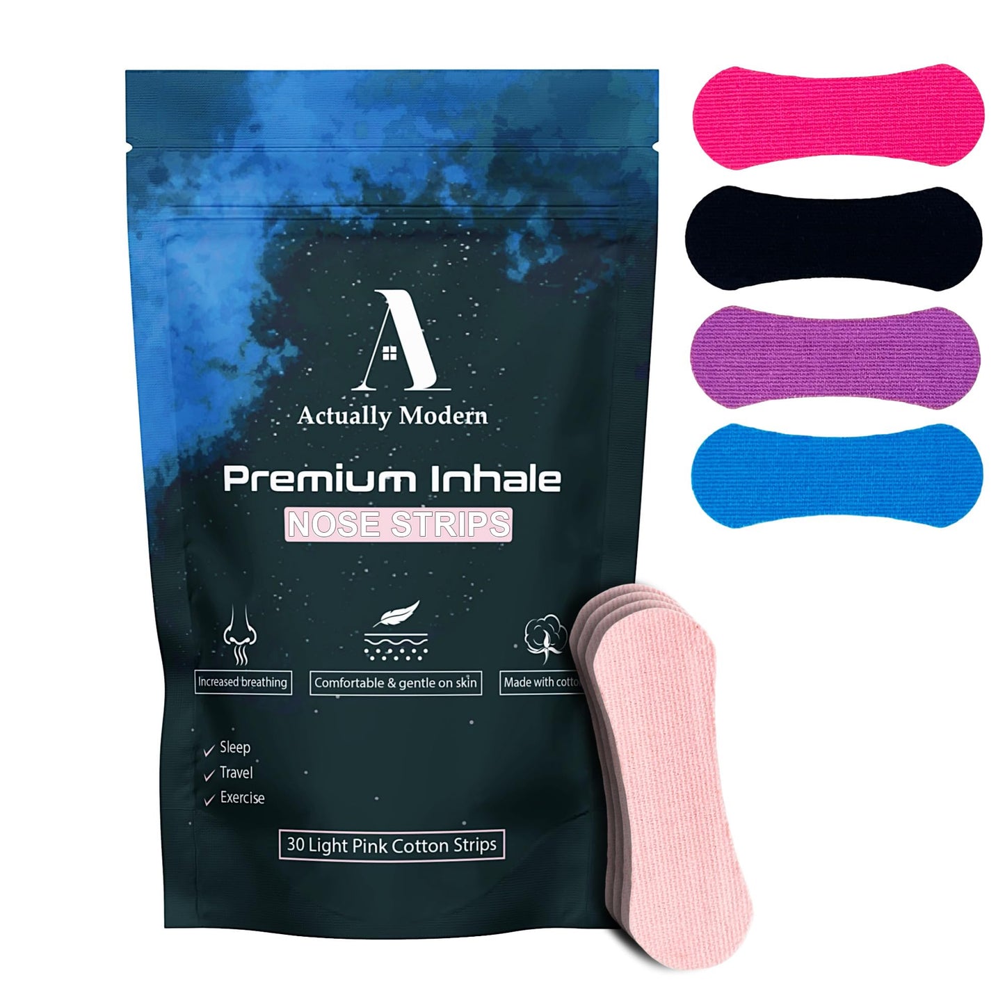 Actually Modern Inhale Nasal Strips for Sleeping - Nose Tapes for Breathing - Anti Snoring Solution & Nasal Congestion Relief Nasal Tape - Universal Fit, Extra Strength for Sensitive Skin (Light Pink)
