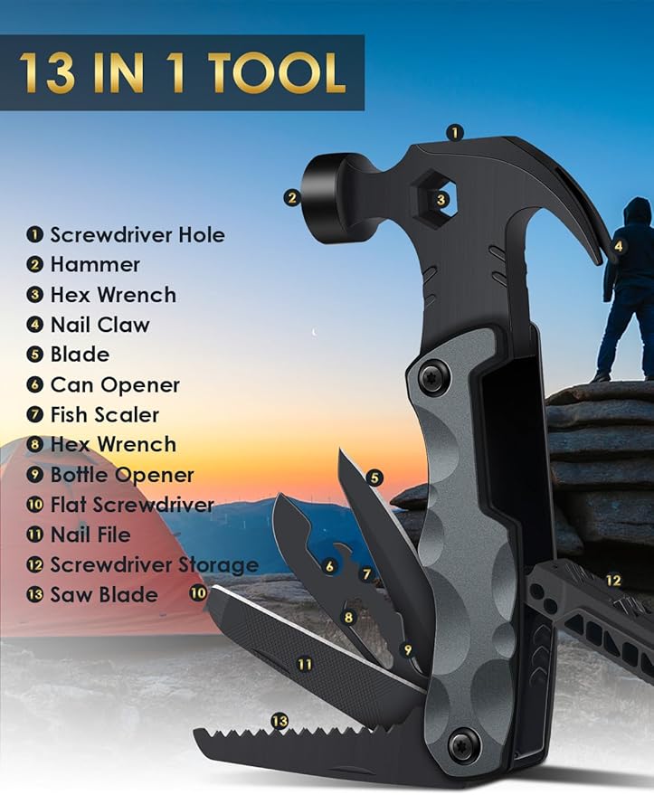 Multitool Camping Accessories Stocking Stuffers for Men Dad Gifts, 13 In 1 Survival Multi Tools Hammer Christmas Cool Gadgets for Adults Him Boyfriend Husband Grandpa Women Birthday Valentines Fathers