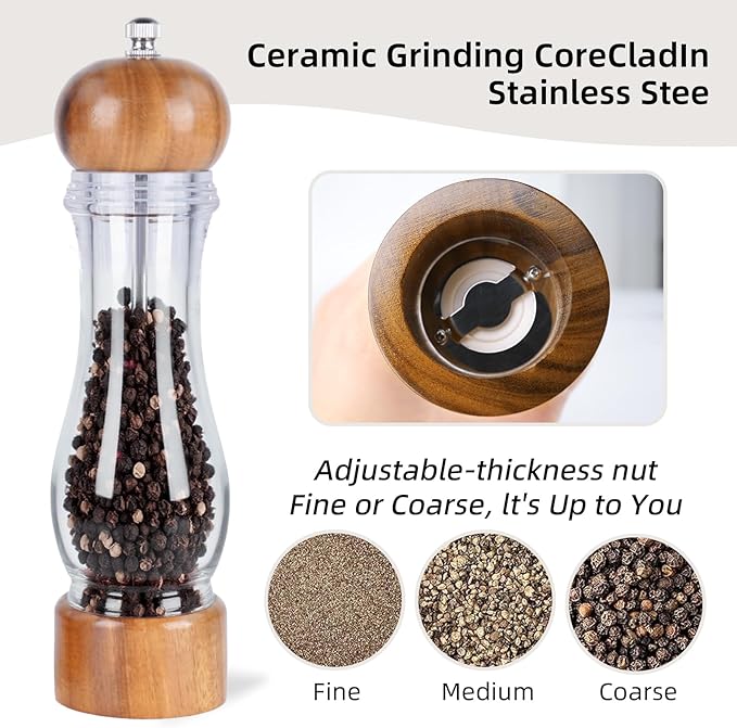 Acacia Wood & Acrylic Pepper Grinder, Wooden Pepper Mill with Adjustable Ceramic Grinder, Salt and Pepper Grinder Set for Kitchen & Dining, Durable Manual Salt Grinder