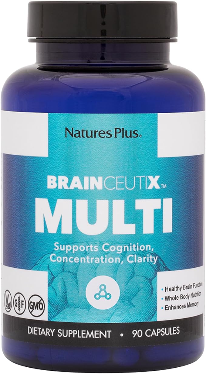 Natures Plus BrainCeutix Multivitamin Capsules - 90 Capsules - Supports Cognition, Concentration & Clarity - Enhances Memory - Vegan, Gluten Free, Non-GMO - 30 Servings