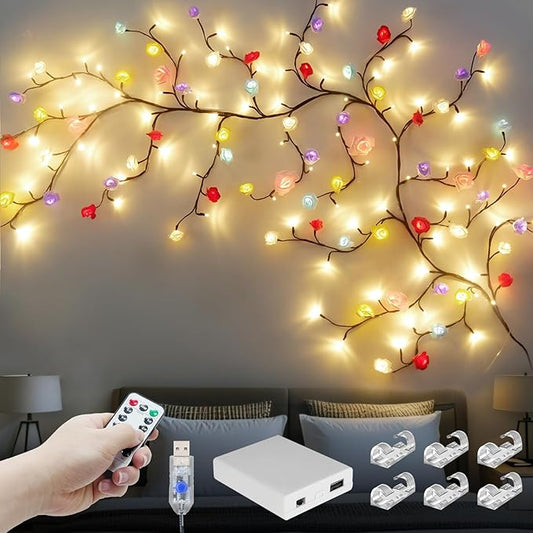 FNHMSL Macaroon Rose Blossom Enchanted Willow Vine Lights, 7.55FT 144LED 6 Color Blossom Tree Branch Lights for Wall, Remo...