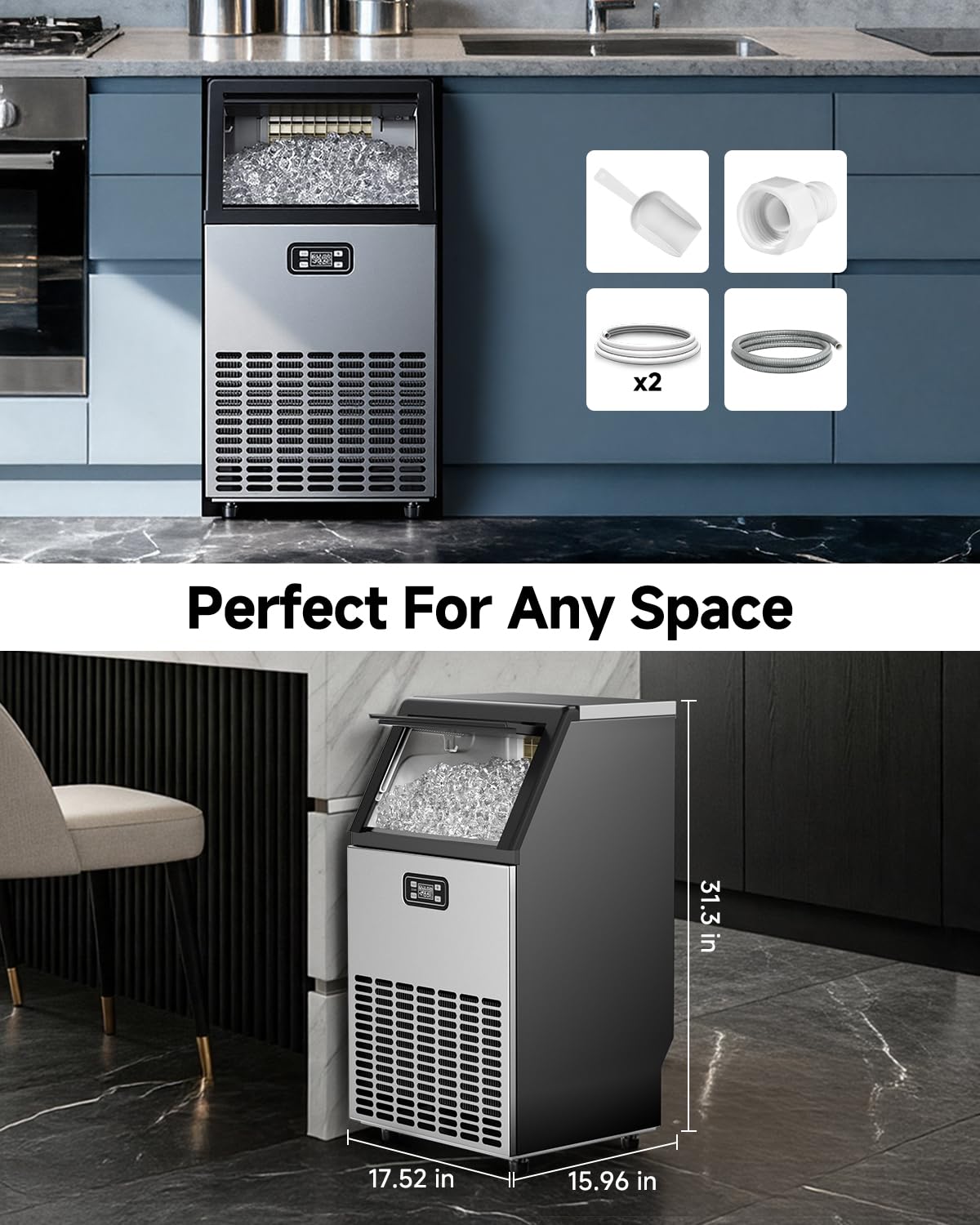 Feelfunn Commercial Ice Maker Machine - 150 LBS/24H, 33lbs Storage Capacity, Stainless Steel Freestanding & Under Counter Ice Maker with Self-Cleaning, 24H Timer, Ideal for Home Bar Office Restaurant