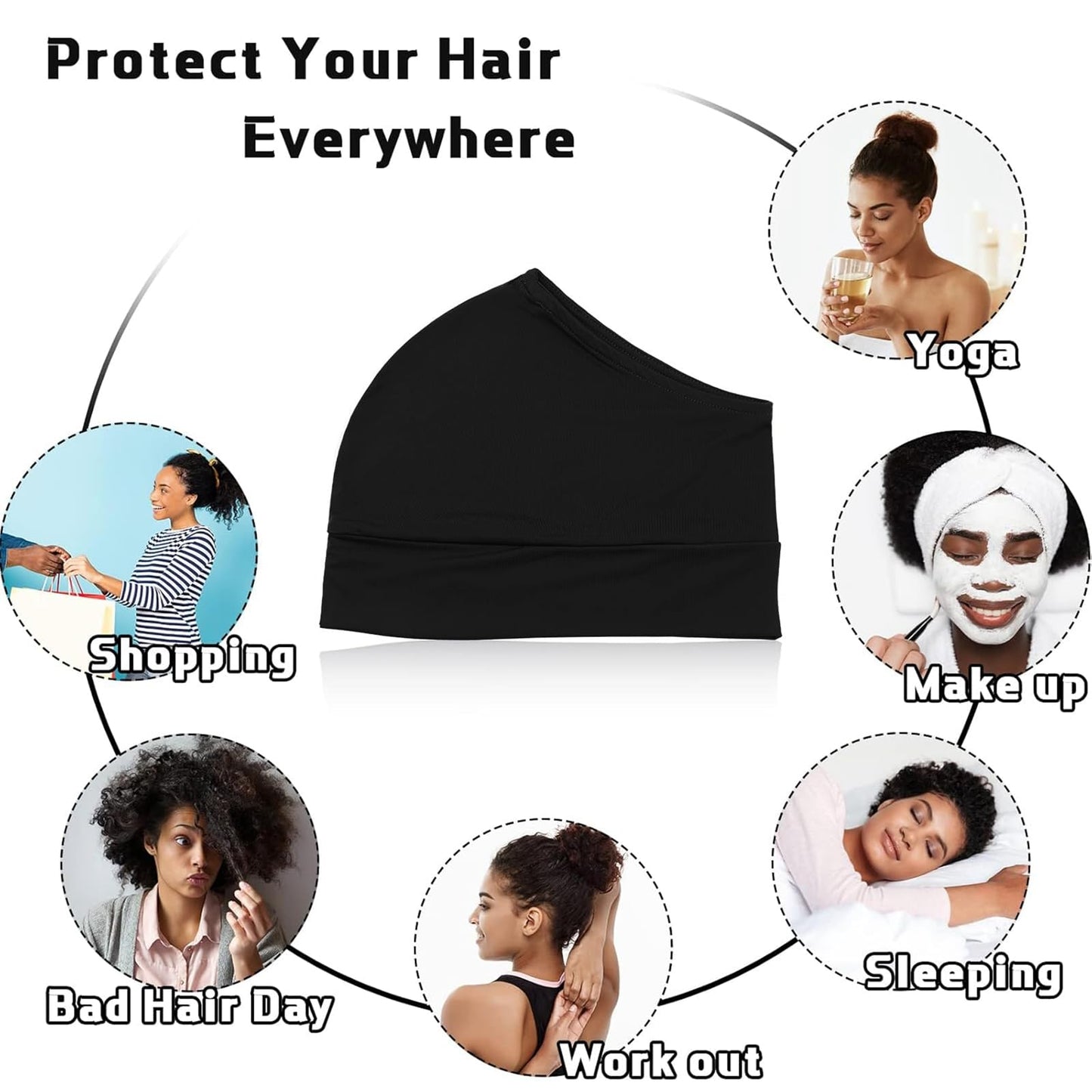 Haysandy 4 Pieces Satin Head Wrap Satin Lined Hair Cover Sleep Cap Slouchy Skull Night Sleeping Beanie for Frizzy Curly Hair (Bl