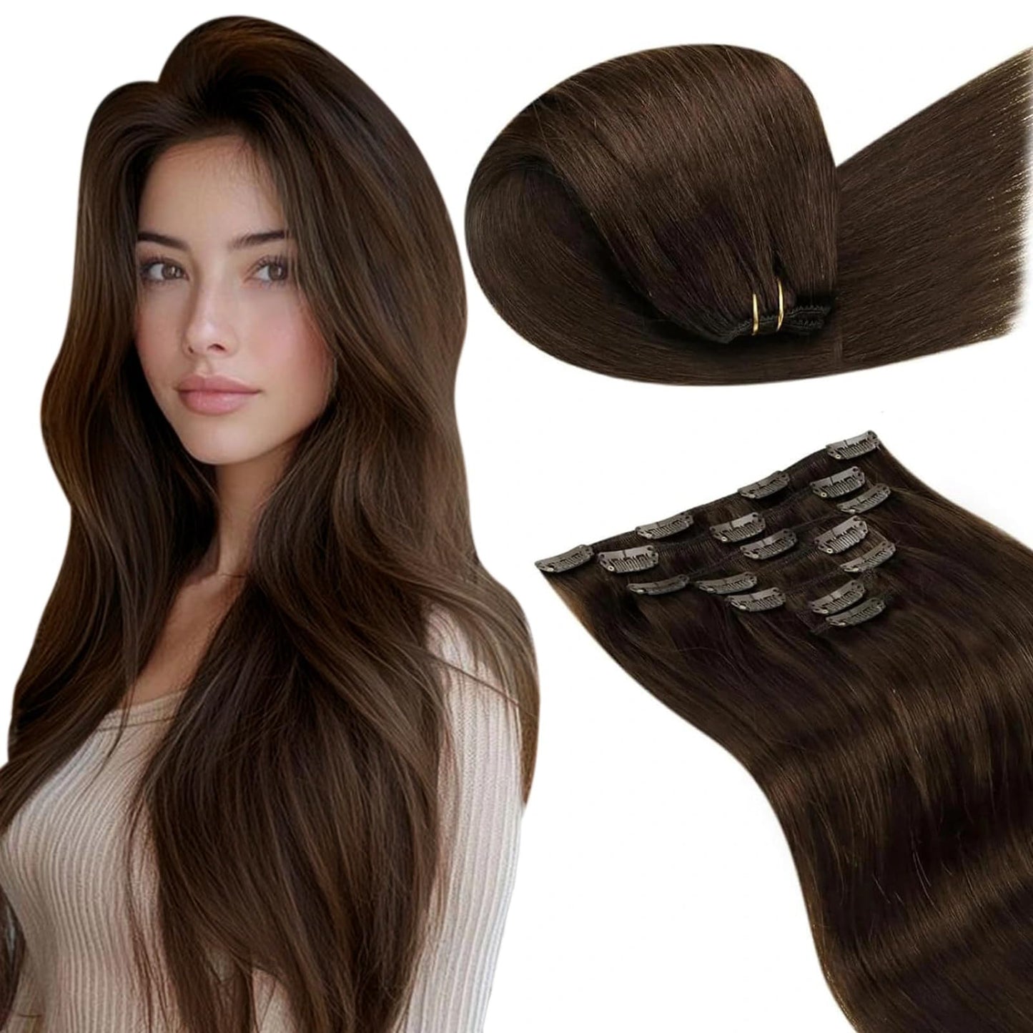 LaaVoo Human Hair Clip in Extensions Brown Clip in Hair Extensions Real Human Hair Medium Brown 16 Inch Hair Extensions Clip ins