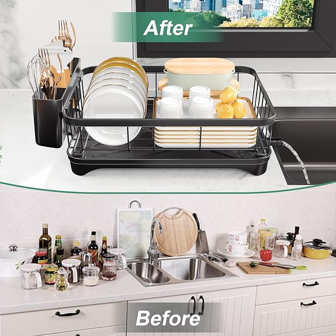 Dish Drying Rack for Kitchen Counter – Large Capacity Single Tier Dish Drainer with Utensil Holder & Cutlery Tray, Space Saving Countertop Organizer, Black