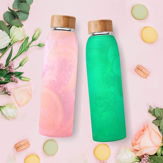 Glass Water Bottle with Protective Silicone Sleeve and Bamboo Lid Urban green, 18oz, 1extra 304 Stainless Steel Lid with Handle, BPA Free, Dishwasher Safe, Best gift
