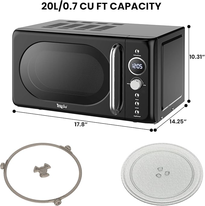 Total Chef Retro Microwave Oven | 20L / 0.7 Cu Ft | Quick Start & Defrost By Weight/Time | 8 Pre-set Cooking Modes For Coffee, Rice, Pasta, Potato, Reheat, Fish, Pizza, Popcorn | 700W | Black