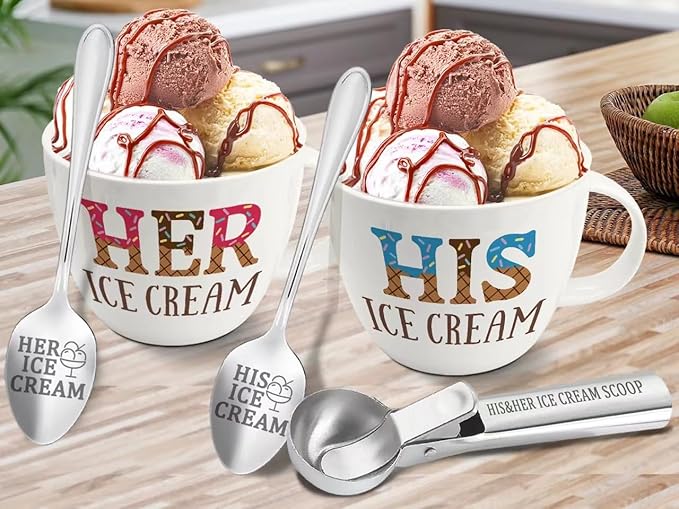 Anniversary Couple Gift Ice Cream Bowls and Spoon Scoop Set, His and Hers Gifts, Mothers Day Couples His Her Ice Cream Accessories Bowl Present, Unique Wedding Gift 2025 for Friends