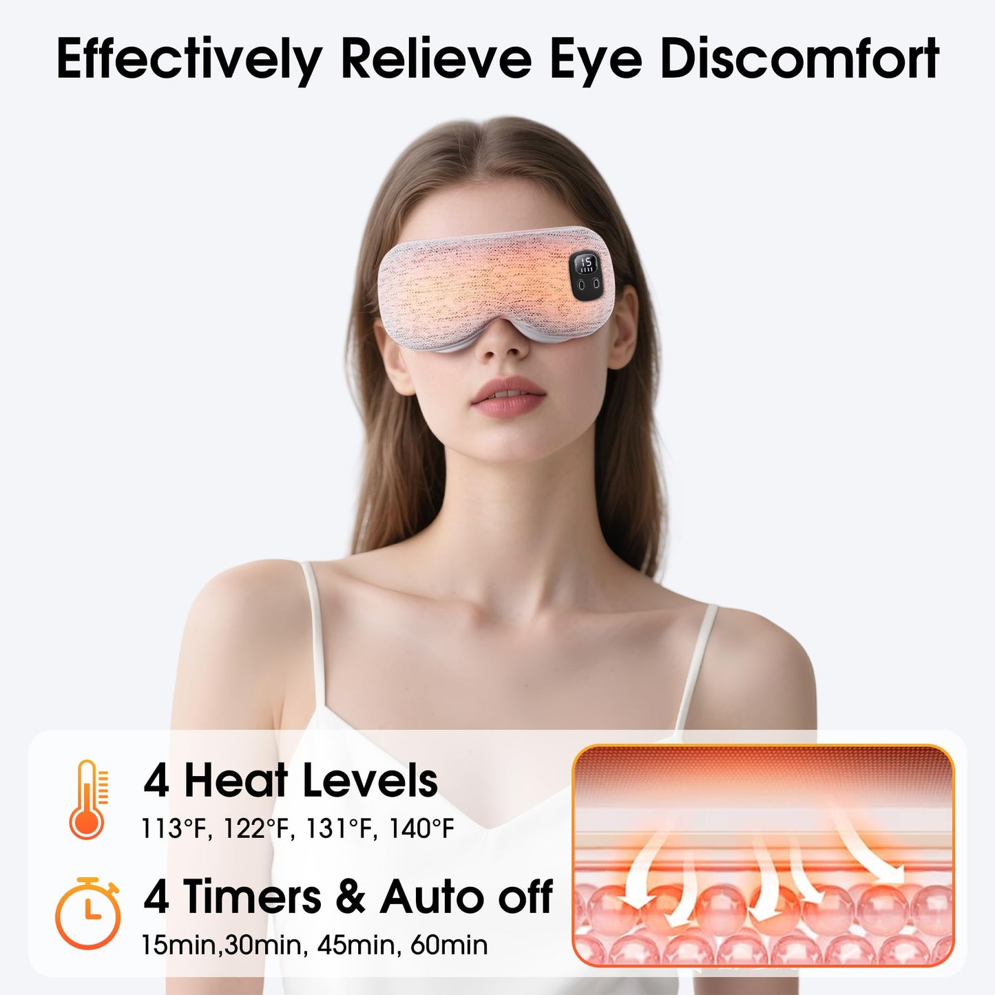 Heated Eye Mask, Cordless Rechargeable Eye Compress, Eye Relief, Improved Sleep, Washable Eye Mask, 4 Heat Levels, 4-Level Timing - Gray