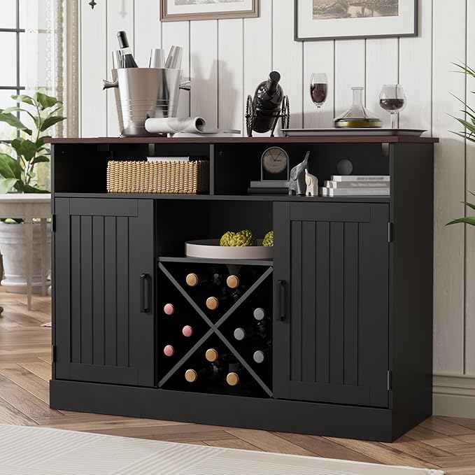 MHOM Farmhouse Coffee Bar Cabinet with Prower Outlets, Rustic Liquor Cabinet with Wine Rack, Wooden Wine Cabinet for Dining Room & Living Room, Black