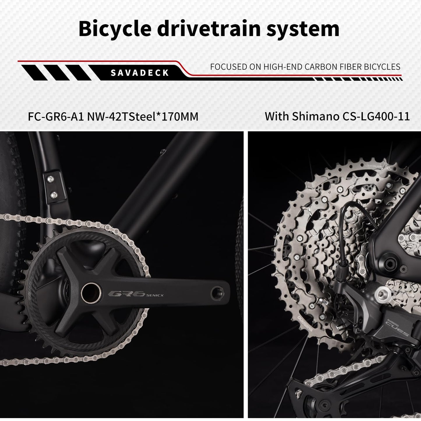 SAVADECK Carbon Gravel Bike - T800 Carbon Frame & Fork | Shimano U6000 11-Speed Groupset | Hydraulic Disc Brakes | 700CX40mm All-Terrain Tires | Men & Women Road/Off-Road Bicycle (Black, 55cm)