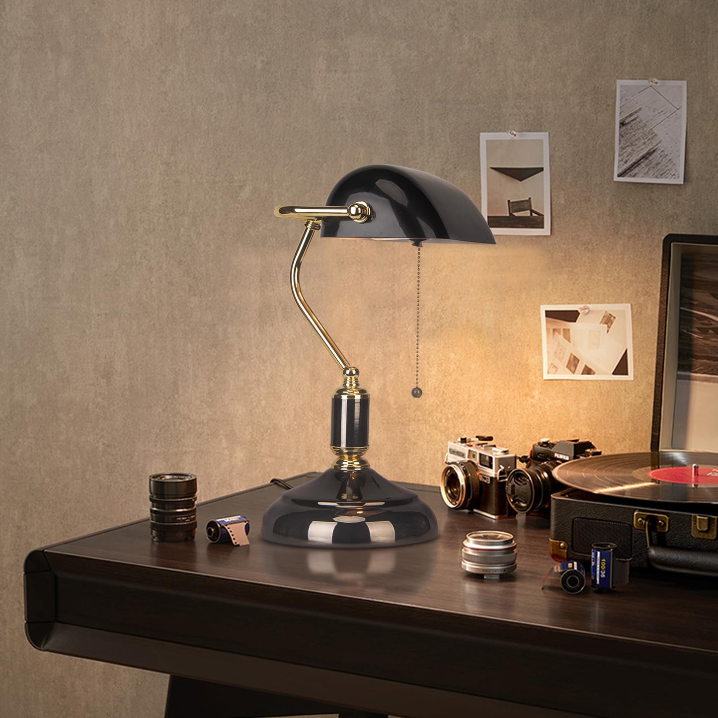 FIRVRE Bankers Desk Lamp, Black Glass Shade, Golden E26 Base, Model 006, Traditional Style for Office, Study Room