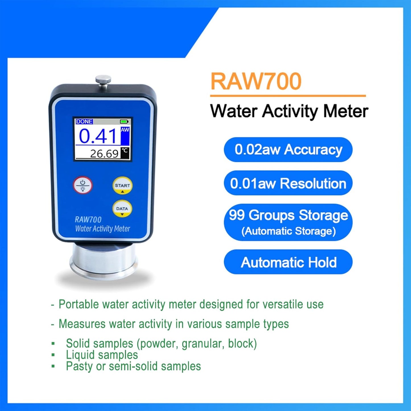 RAW700 Water Activity Meter Portable Food Water Acivity Meter Tester Digital AW Meter Monitor Measuring Range 0.00-1.00aw with 0.01aw Resolution