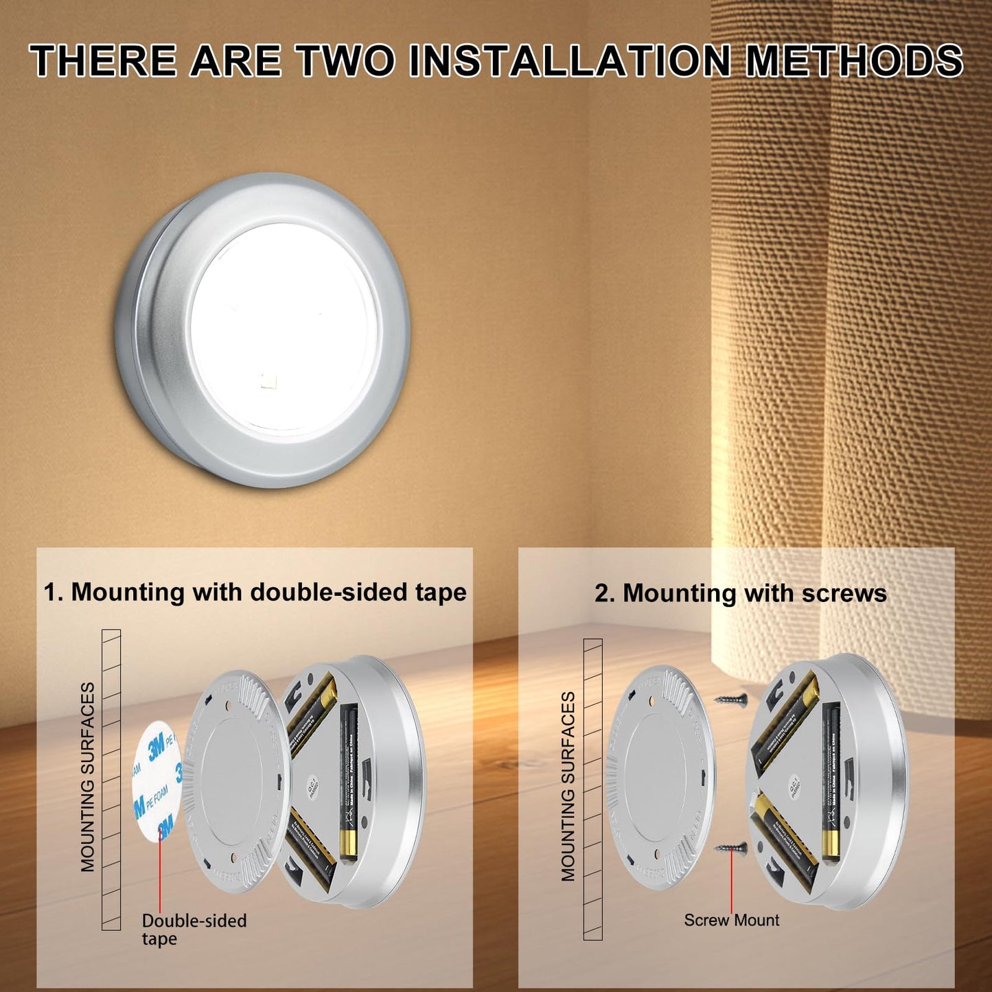 Bigmonat Led Puck Light  Stick On Lights  Closet Lights Battery Operated  Tap Lights  60 Lumens Touch Light  Under Cabinet Lighting  Ideal For Kitchen Cabinets  Closets  3-Pack  Silver