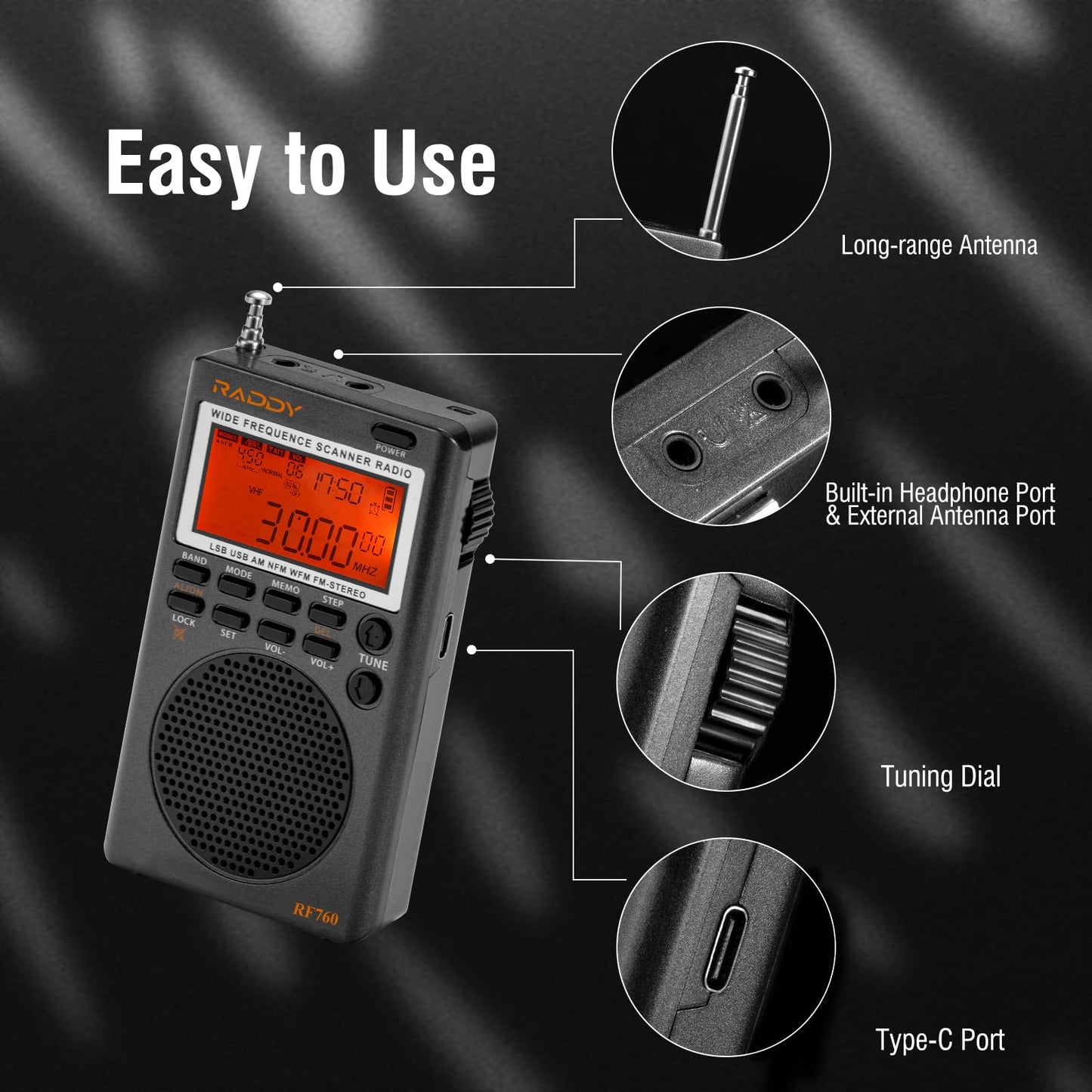 Raddy Rf760 Portable Ssb Shortwave Radio Receiver With Noaa Alert, Full Band Am/Fm/Sw/Cb/Vhf/Uhf/Wx/Air, Battery Operated, Recha