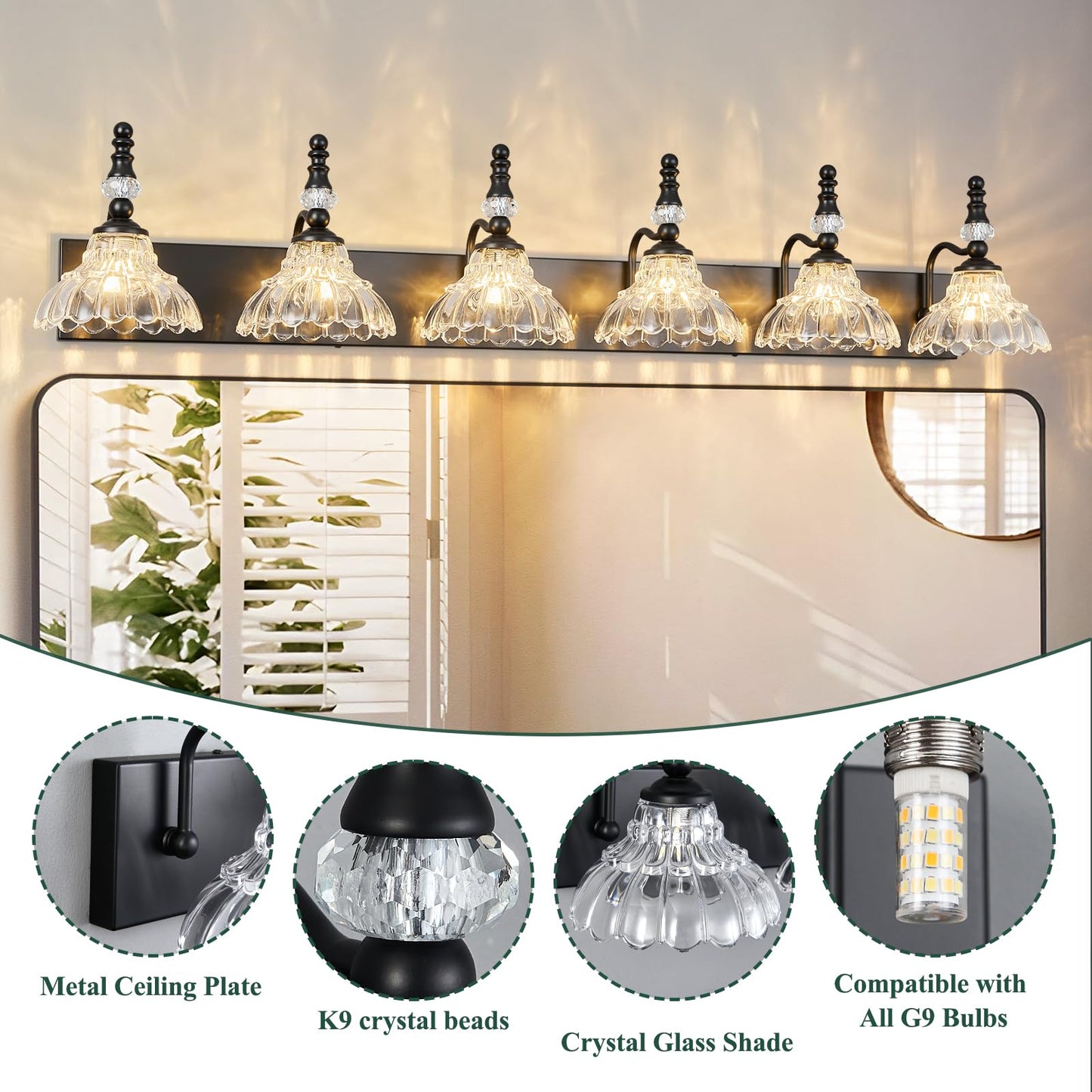 Lbsqj Vintage Bathroom Vanity Light  6-Light Black Vanity Lighting Fixture With Flower Glass Shade  Bathroom Lighting Fixtures Over Mirror