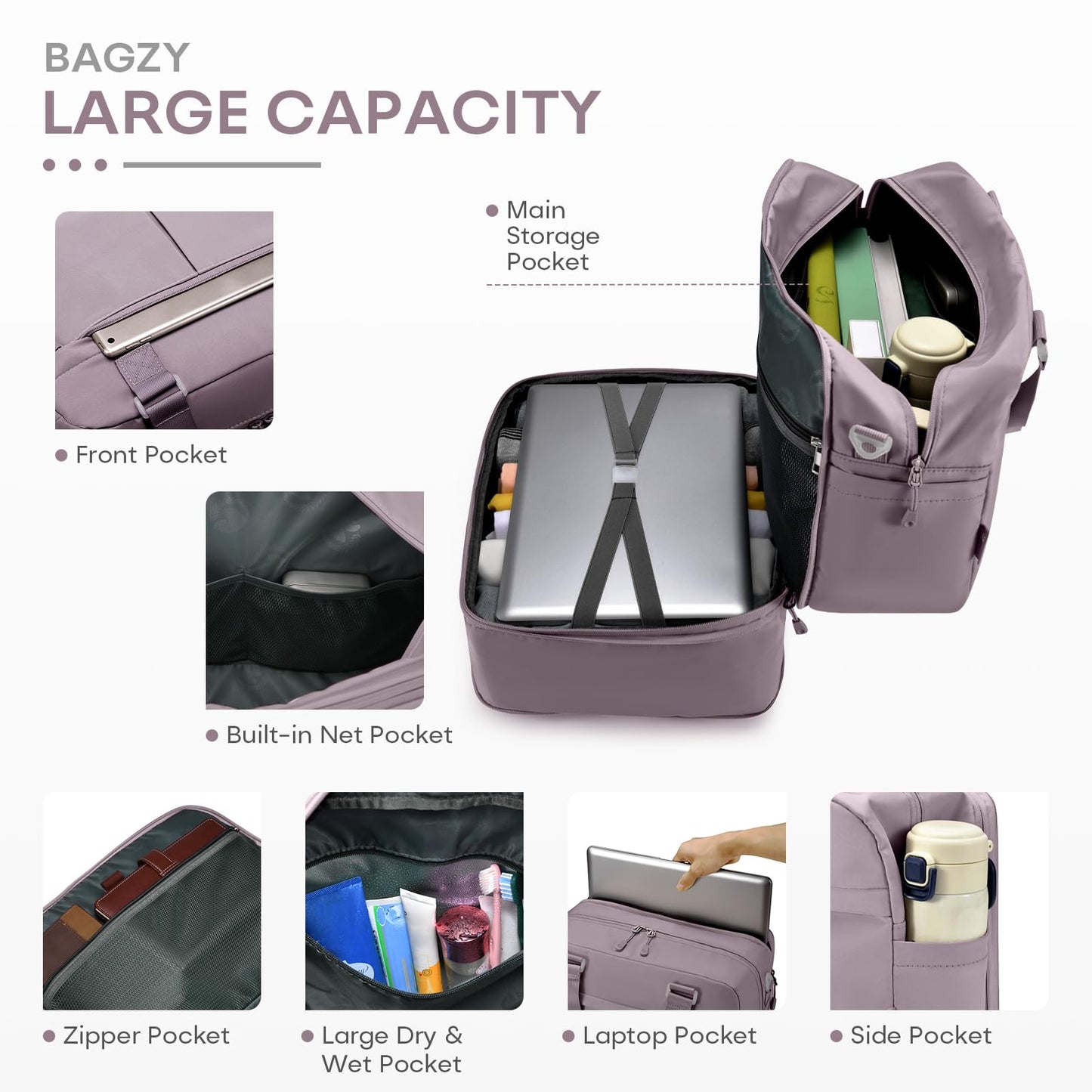 BAGZY 40x30x15cm Personal Item Bag Expandable 40x30x25cm Gym Bag Lightweight Travel Duffle Bag Mens Weekender Bags for Women with Wet Pocket for Overnight Hospital Carry on Bags for Airplanes Purple