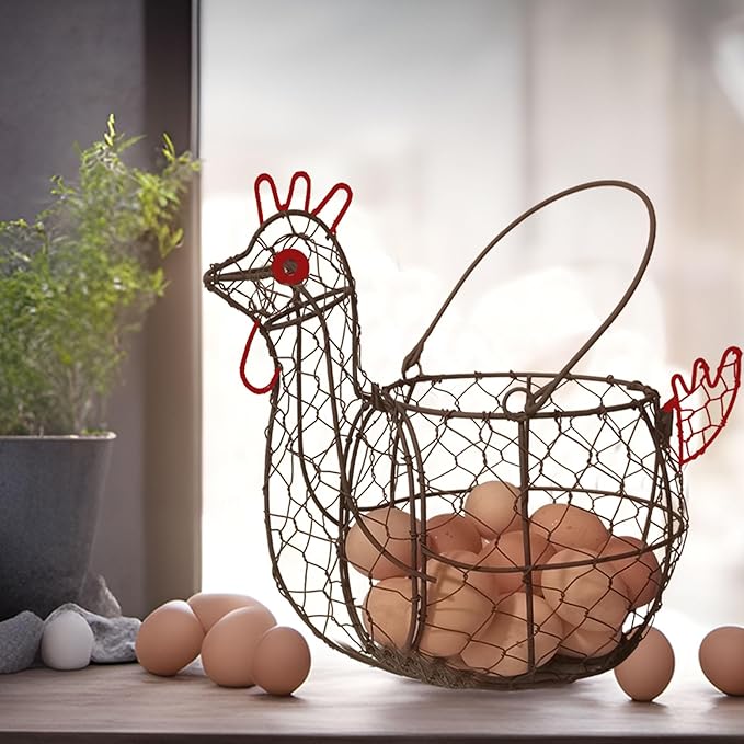 TAIANLE. Chicken Wire Egg Basket for Gathering Fresh Eggs Collecting Basket with Handle, Vintage Rooster Chicken Shaped Fruit Bowl for Home Farm Decor Organizer for Kitchen Countertop