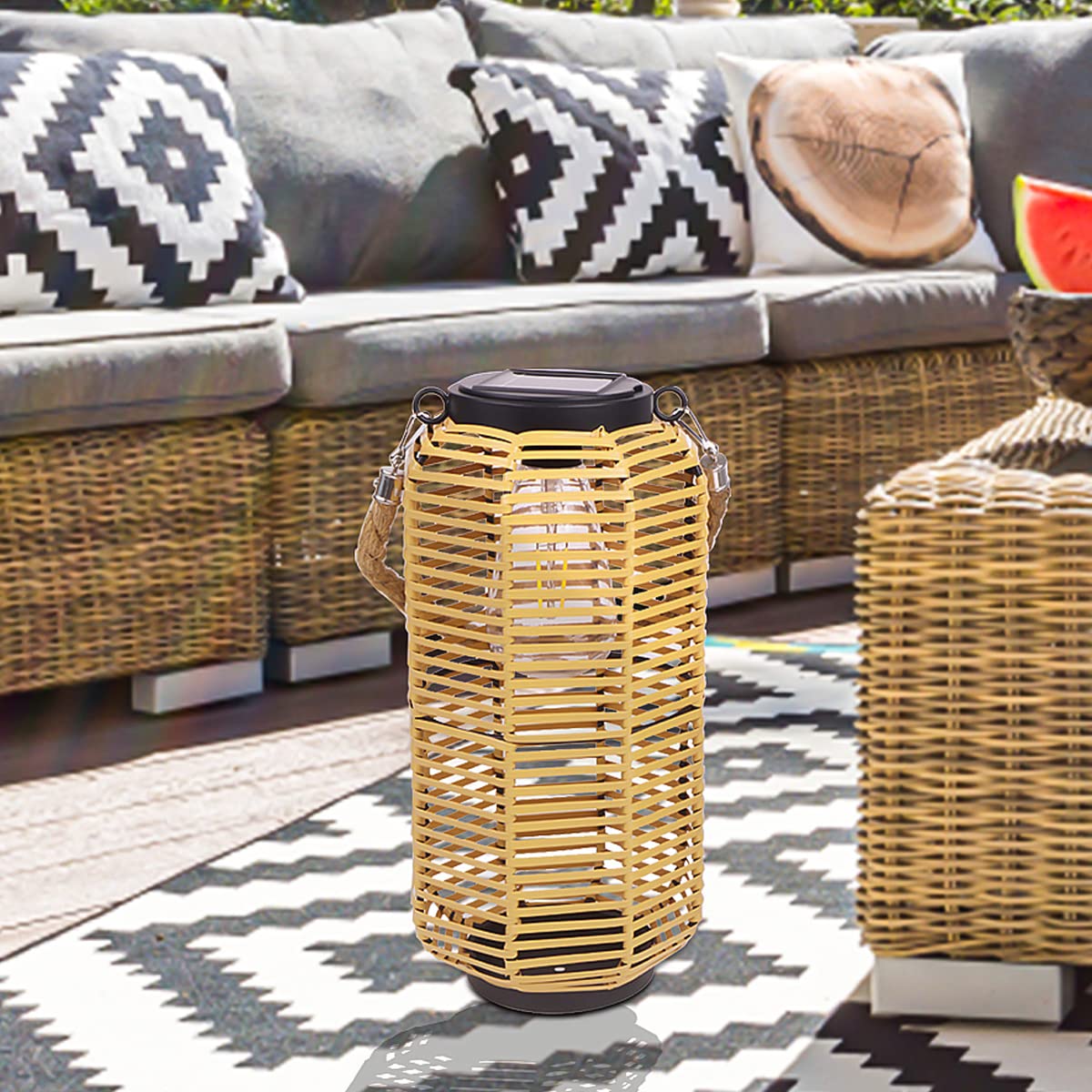 Livinlarge Solar Lantern - Rattan Waterproof Hanging Light with Twine Handle, Edison Bulb for Garden, Patio, Multicolor, Model 443