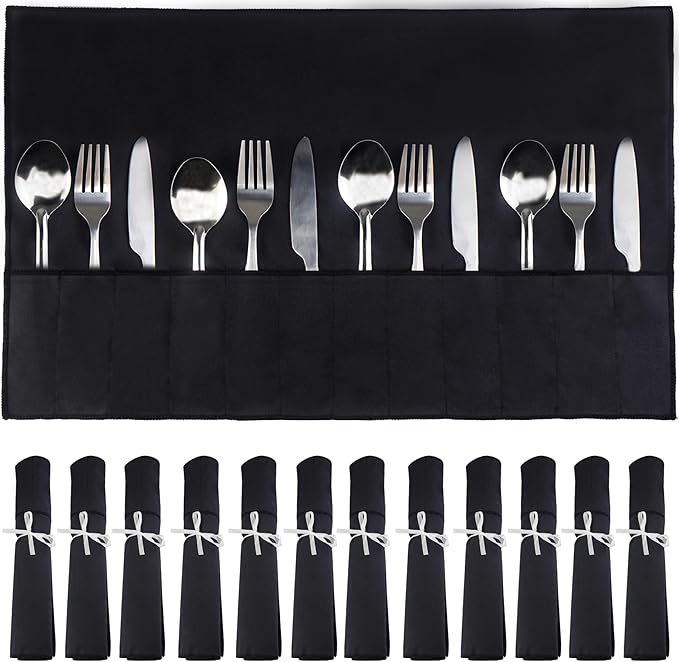 12 Pcs Black Silverware Organizer,Silver Storage Cloth Felt Flatware Organizer, Silver Protector Bags, Place Setting Roll with Stylish White Ribbon for All Kitchen Cutlery Utensil