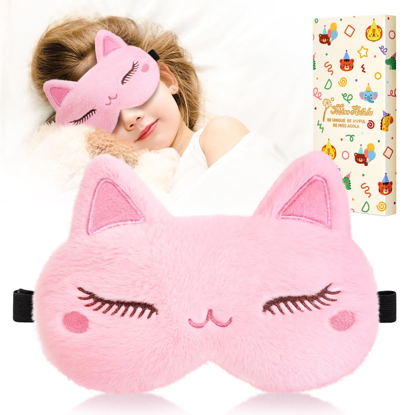 Miss Adola Sleep Mask for Kids - Valentines Gift for Kids Cute Plush Fuffy Sleeping Eye Cover Kawaii Soft Eyeshade Animal Eye Blindfold for Girls Boys Teens with Adjustable Strap, Cat
