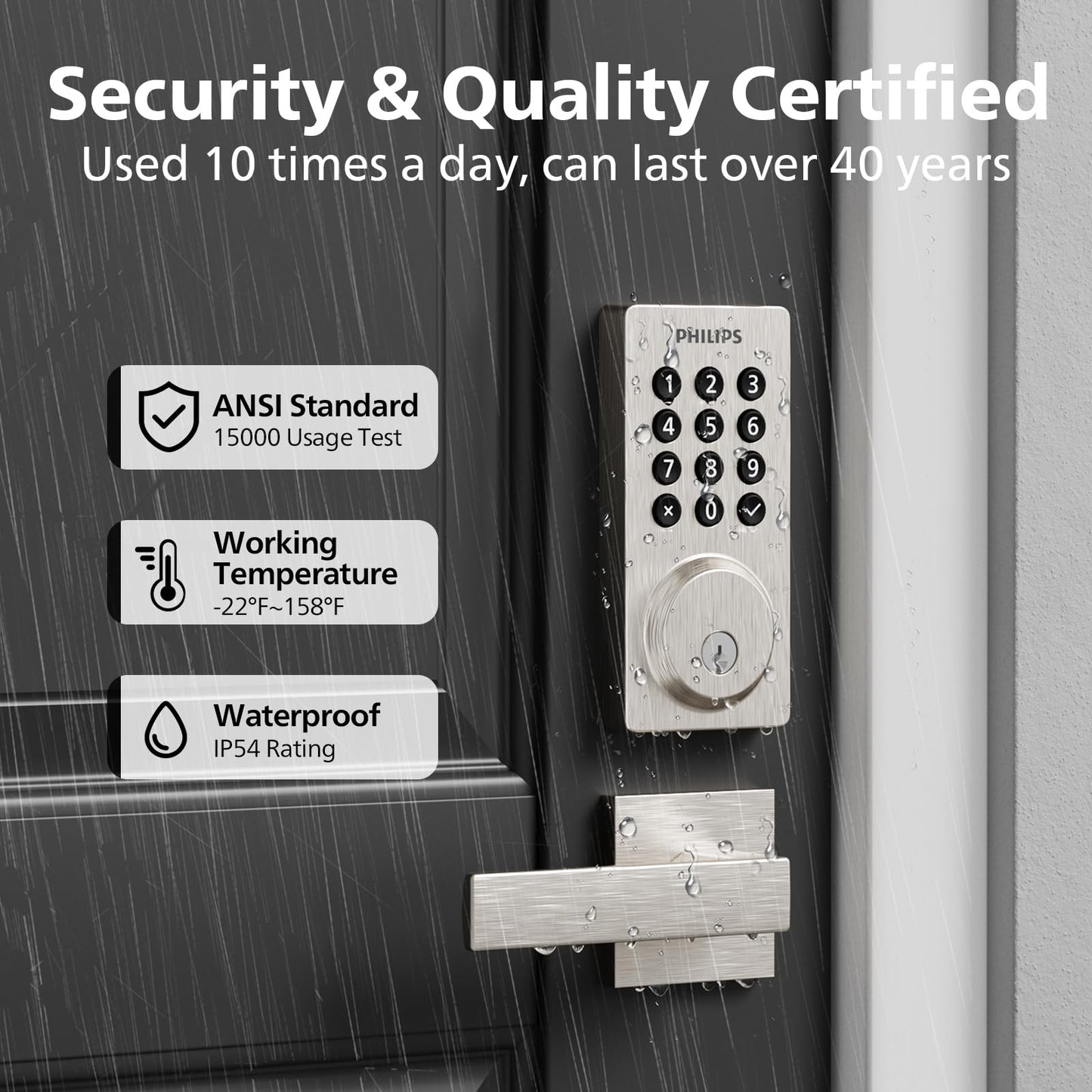 Philips Smart Lock, Smart Door Lock Built-in WiFi, App Remote Control, Keyless Entry Door Lock for Front Door, Deadbolt Lock Auto Lock, Support Alexa & Google, IP54 Waterproof, Satin Nickel