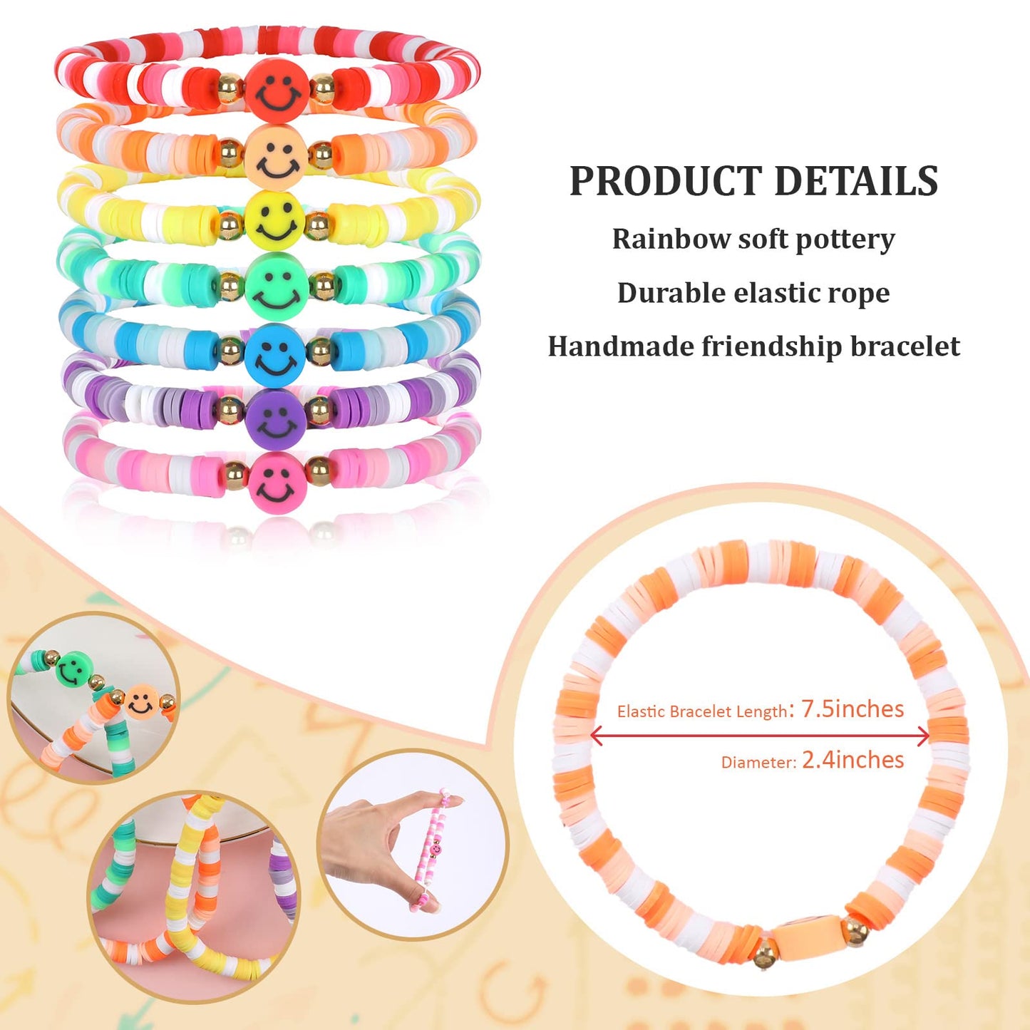 Rainbow Beaded Bracelets for Women Colorful Smiley Face Bracelets Set Bohemian Stackable Stretch Elastic Surfer Heishi Clay Bead