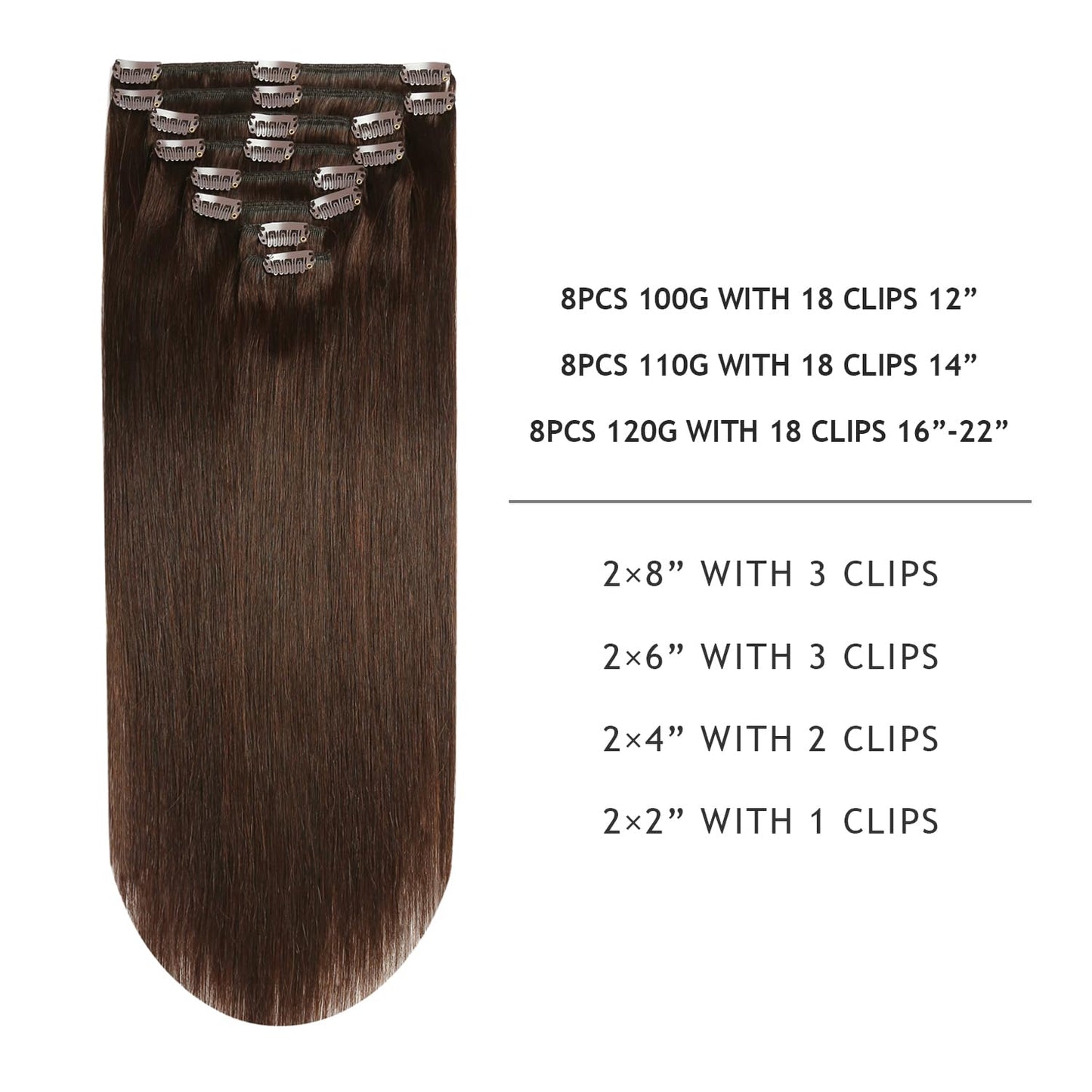 Yilite Clip in 18 Inch 120g 8pcs Real Human Hair Natural Silky Double Weft Hair Extensions (18inch #2 Dark Brown)