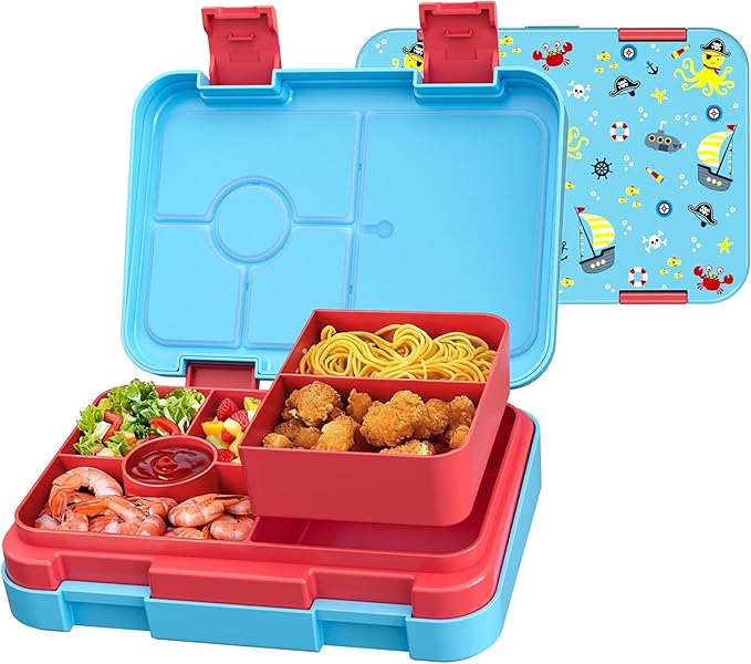 Bento Lunch Box for Kids, 6 Compartments BPA Free, Dishwasher Safe Back to School Snack Bento Lunch Containers Boxes, Ideal Portion Sizes for On-the-Go Meal, Ages 3+, Light Blue Patterned