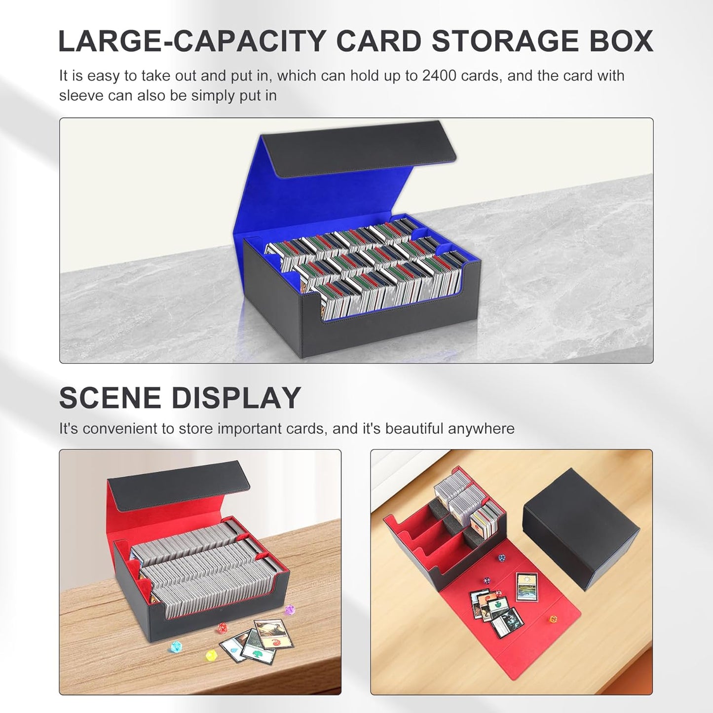 Card Storage Box for Trading Cards，2400+ Leather Magnetic Closure Commander Storage Box,Protectors Fit for YuGiOh, MTG and Sport Cards (Black, gray, 2400+)