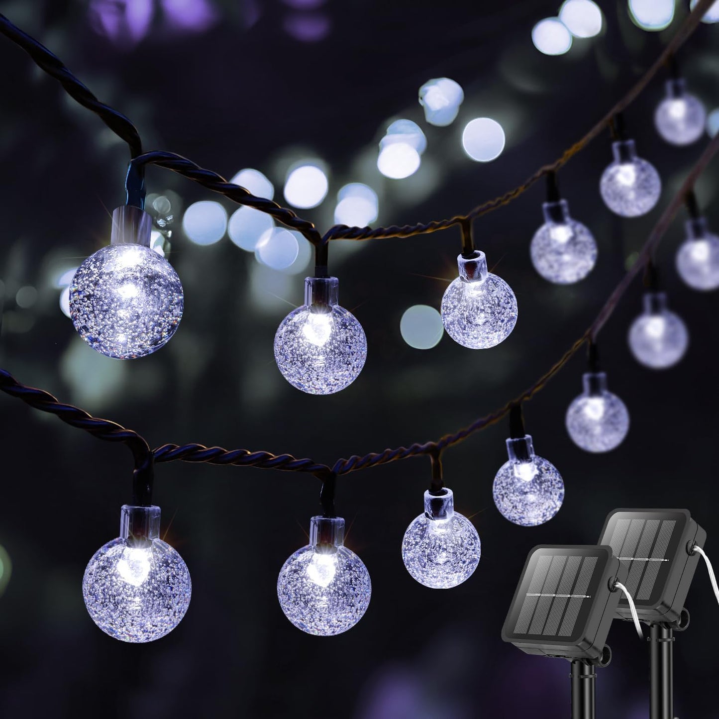 Metaku Solar String Lights, 72FT 120 LED, 8 Lighting Modes, 2 Pack, Cool White, Plastic