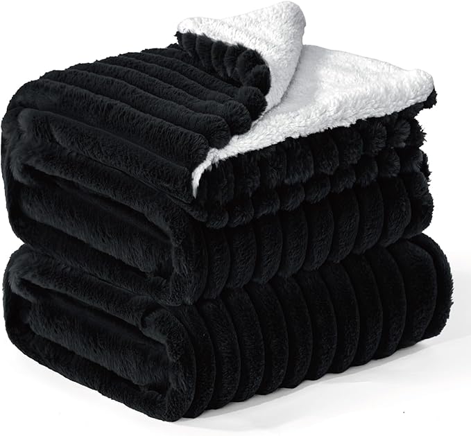 INFIIXSO Sherpa Throw Blanket for Couch - Super Soft & Warm Striped Fleece Blanket, Cozy Plush Fluffy Blanket All Season Use (Black, 60x80 Inches)