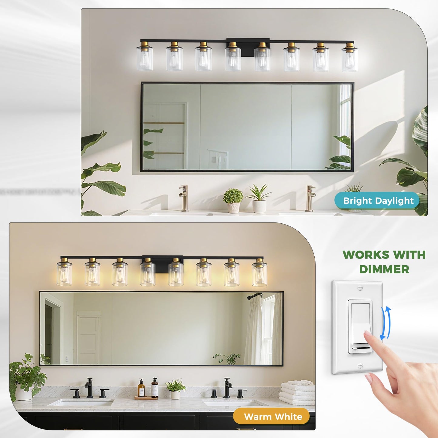 Doresshop 55 Inch Bathroom Light Fixtures  8-Light Black And Gold Bathroom Lighting Fixtures Over Mirror With Glass Shade  Modern Vanity Lights For Hallway Bedroom