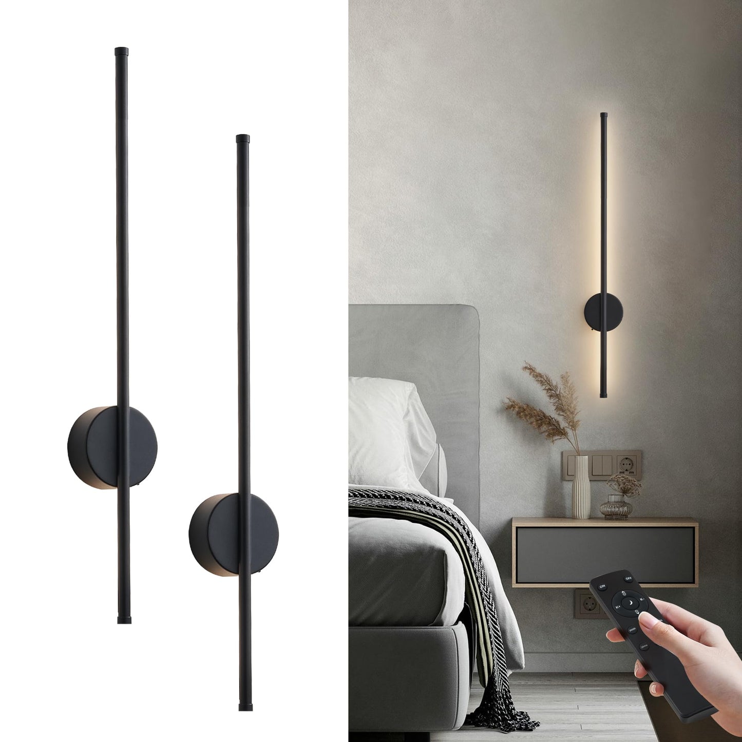 KARTOOSH Battery Operated Wall Sconces, Dimmable LED, 27.6 Inch, Black, Model ZM322B, Set of Two with Remote Control