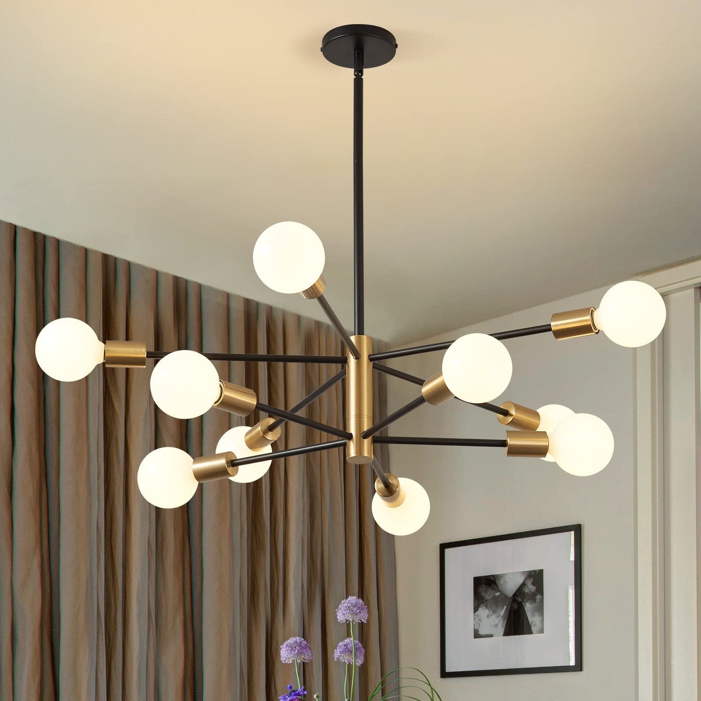 Kaisite Modern 10-Light Sputnik Chandelier - Black & Gold Metal Pendant Lighting For Kitchen, Dining Room, Living Room, Bedroom, Model 8006-10C