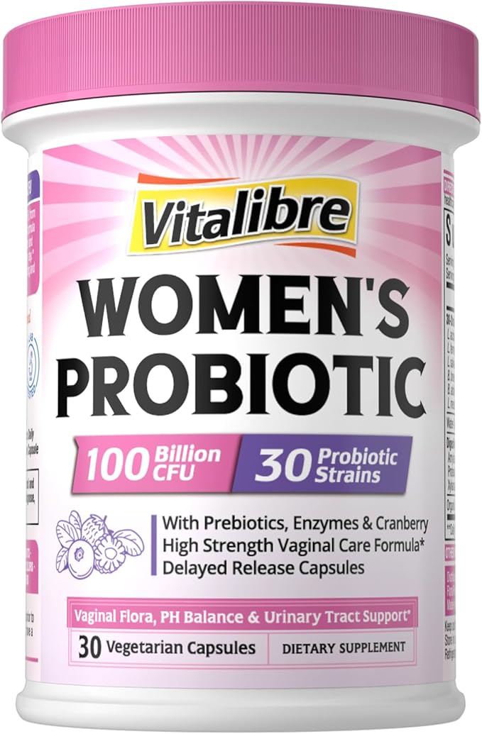 Probiotics for Women 30 Strains, 100 Billion CFU Vaginal Probiotics with Digestive Enzymes, Prebiotics & Cranberry for Urinary Tract Health, pH Balance, 30 Veggie Capsules