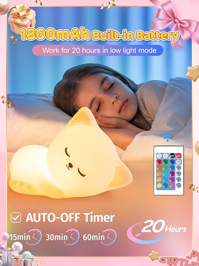Mubarek 【Remote + Gifts Package】 Cat Night Light for Kids,16 Colors Dimmable Teen Girl Gifts Trendy Stuff, TAP for Fun Cute Stuff for Teen Girls,Cute Room Decor for Girl