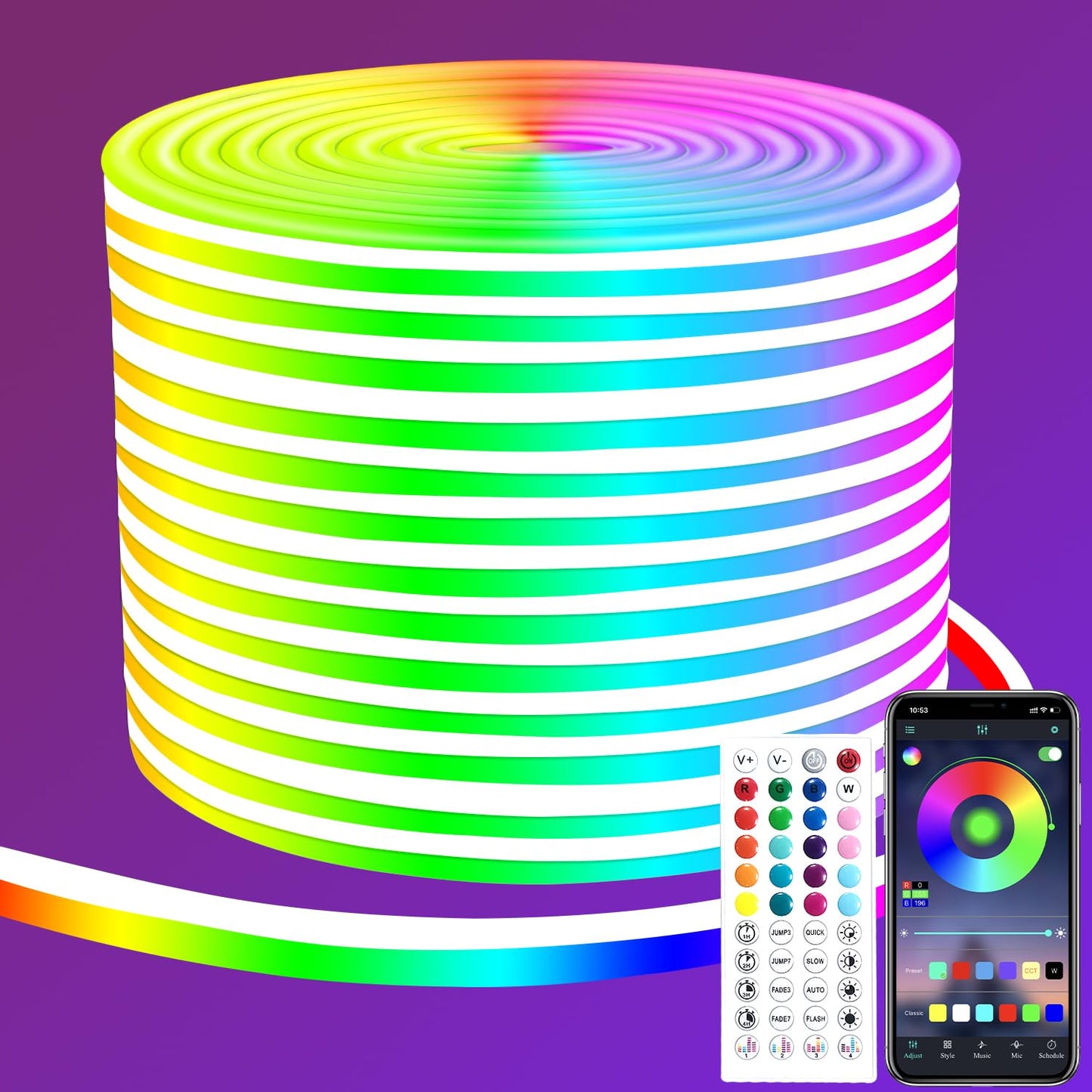 segrass RGB LED Neon Rope Lights 50ft IP65 Waterproof with Remote/App Control