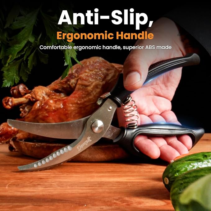 Poultry Shears, Kitchen Shears Heavy Duty for Food With Anti-Slip Handle & Safety Lock, Meat Scissors, Chicken, Lobster, Quail, Fish, Food Cutting Scissors, Bone Cutter - Spring Loaded