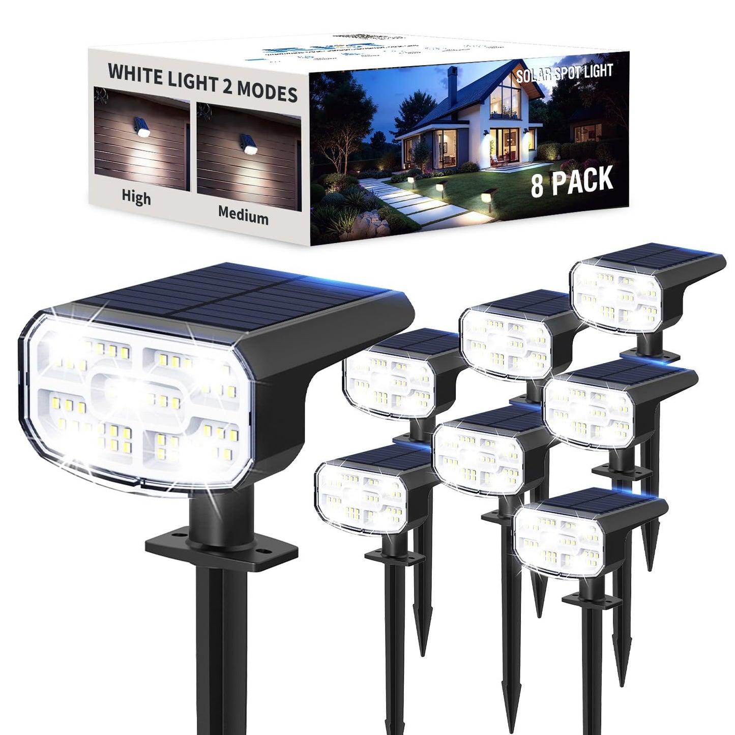 Jejot Solar Lights Outdoor Waterproof Ip65  Super Bright Led  6500K 2 Lighting Modes  Solar Powered Yard Garden Solar Spot Lights For Outside Landscape Auto On/Off -6500K 8 Pack