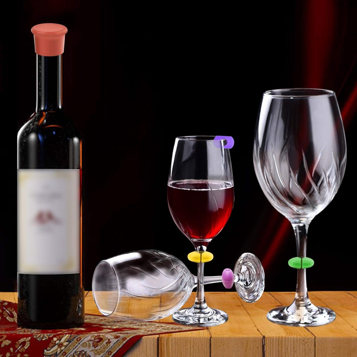 26Pcs Wine Glass Charms Tags with Bottle Stopper, Silicone Wine Glass Drink Markers for Bar Party Martinis Cocktail Champagne Stem Glasses