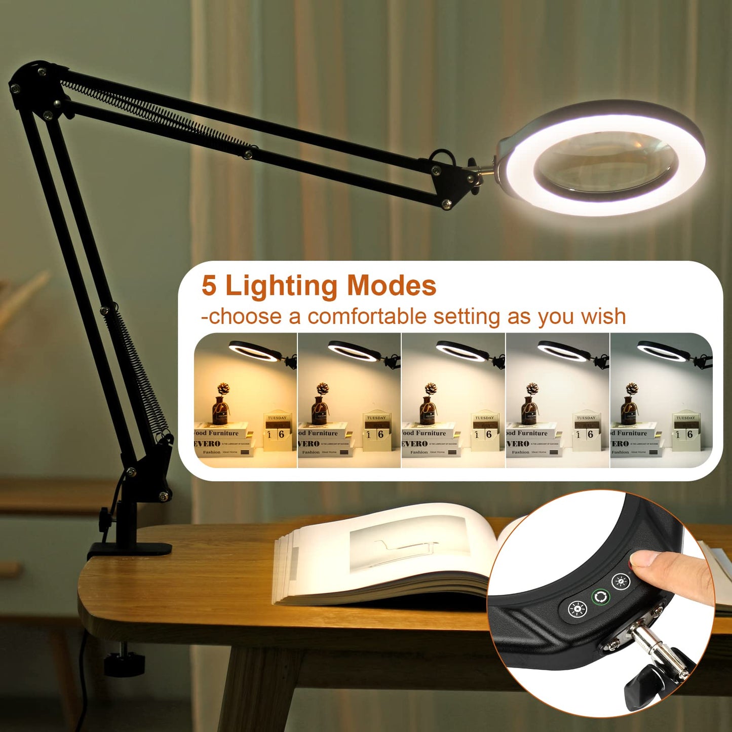Veemagni 5 Inch Magnifying Glass With Light, 10X Magnifier, 5 Color Modes, Black, Model 5D8-018, Hands-Free Led Clamp Desk Lamp